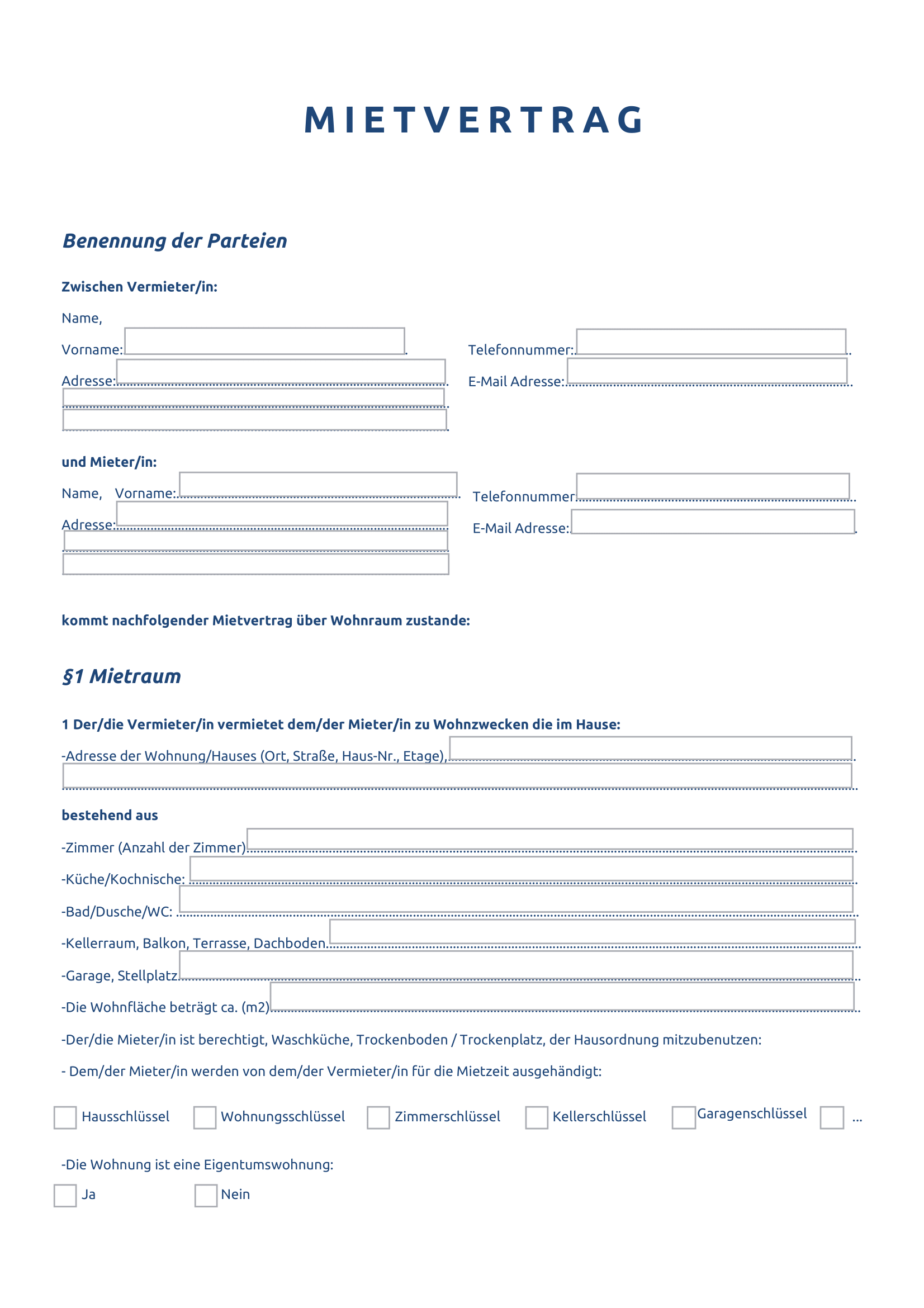 Mietvertrag Vorlage Kostenlos